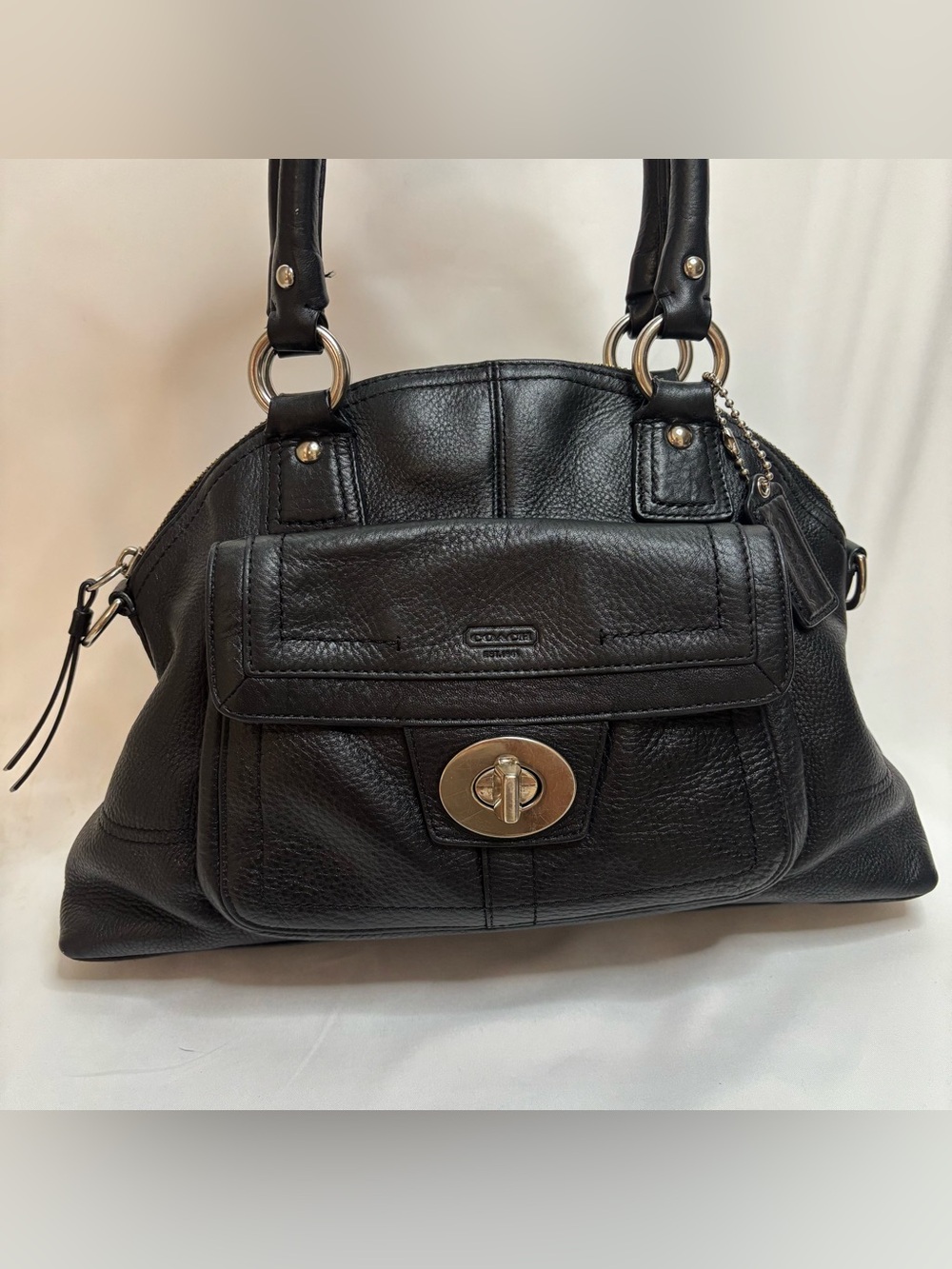 Vintage Coach Black Pebbled Leather Turnlock Satchel Bag Mint Green Interior Y2K